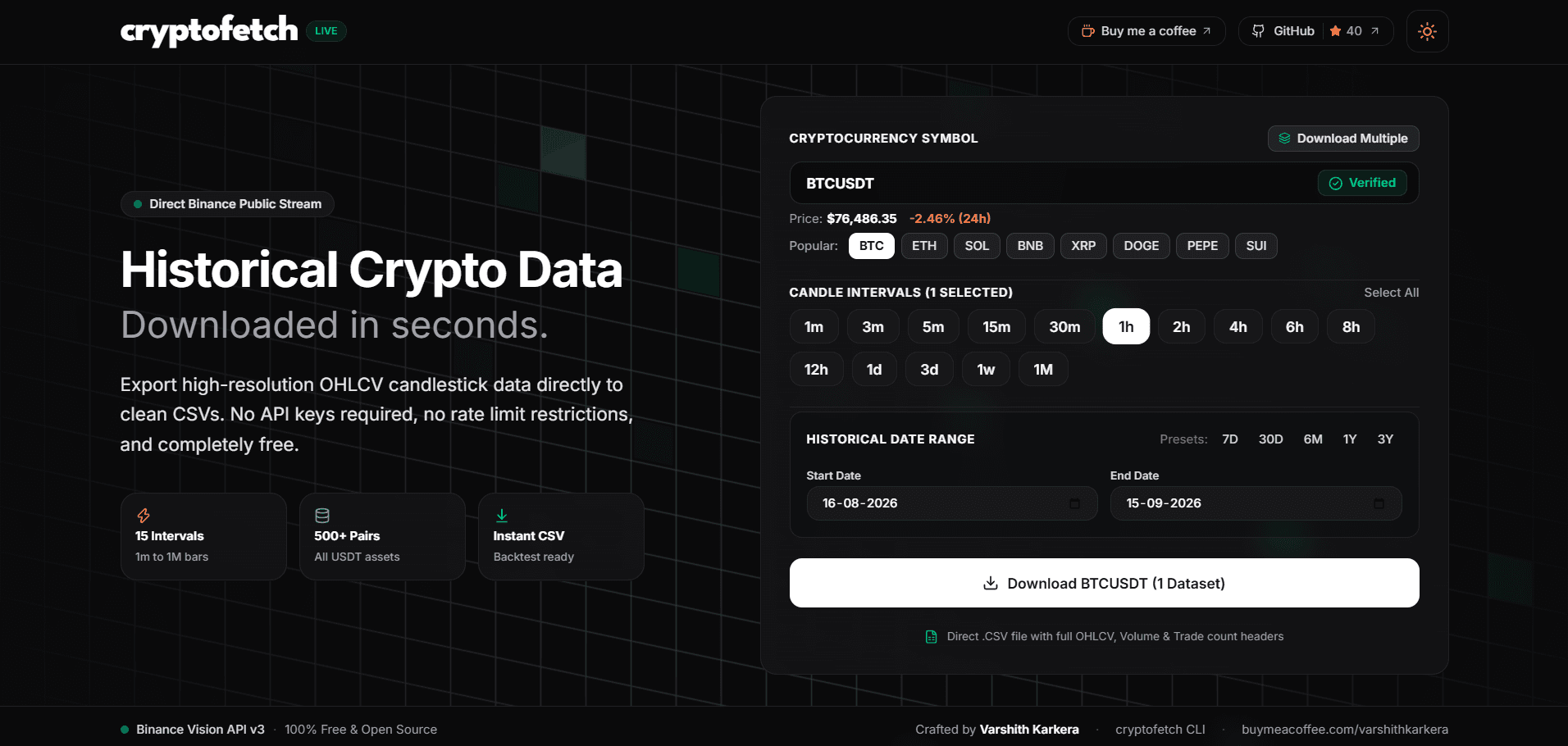 cryptofetch - Historical Crypto OHLCV Downloader